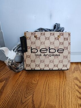 bebe Beige Logo Crossbody with Gold Studs